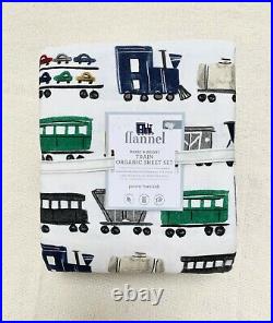 Pottery Barn Kids Merry Bright Train Organic Cotton Flannel Full Sheet Set navy