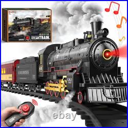 Remote Control Christmas Train Set with Lights, Smoke & Whistle for Kids