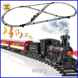 Upgraded USB Rechargeable Metal Christmas Train Set with Lights Smoke and Tra
