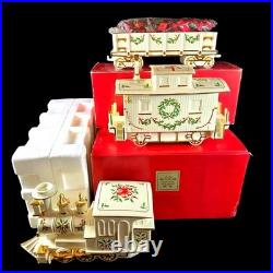 VTG Lenox Holiday Junction Train Set Engine Caboose Coal Car Christmas Porcelain VTG Lenox Holiday Junction Train Set Engine Caboose Coal Car Christmas Porcelain
